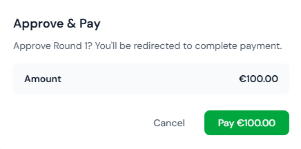 Approve and Pay dialog showing project amount with payment button