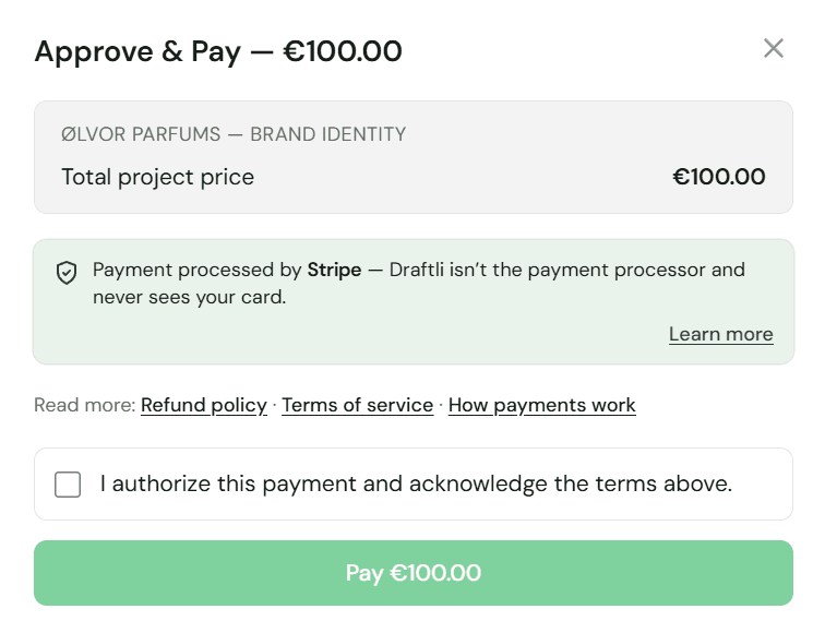 Approve and Pay dialog showing project amount with payment button