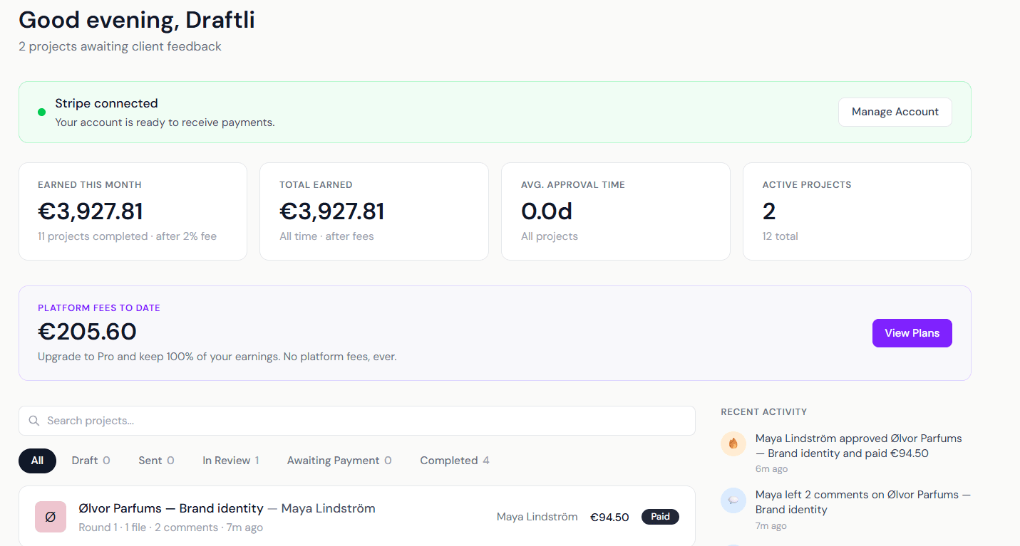 Creator dashboard showing earned revenue and completed payment