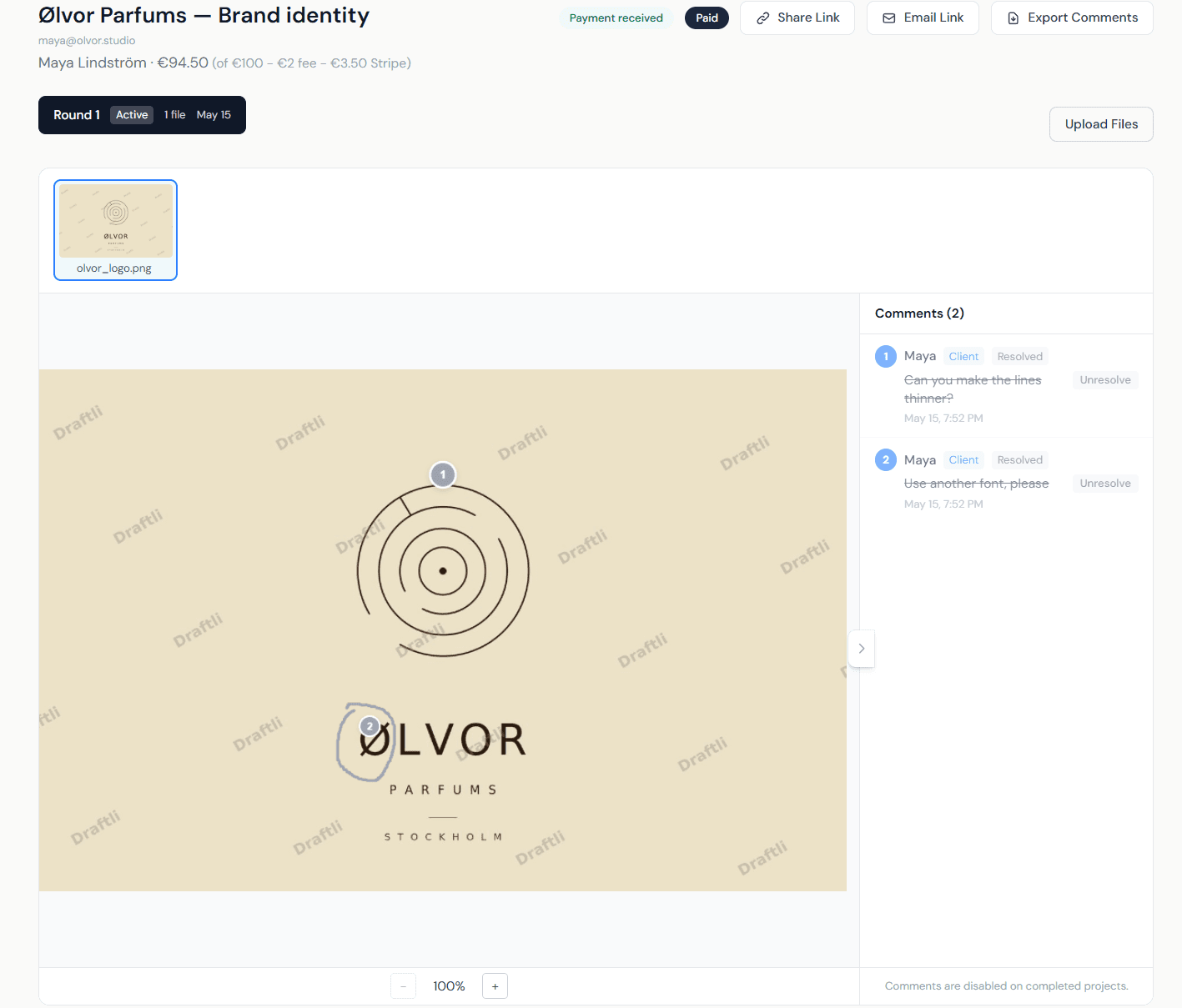 Draftli project page showing client review with annotations and comments