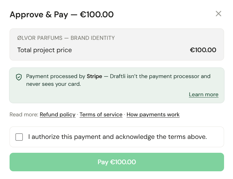 Draftli Approve and Pay dialog showing the project amount with a single payment button