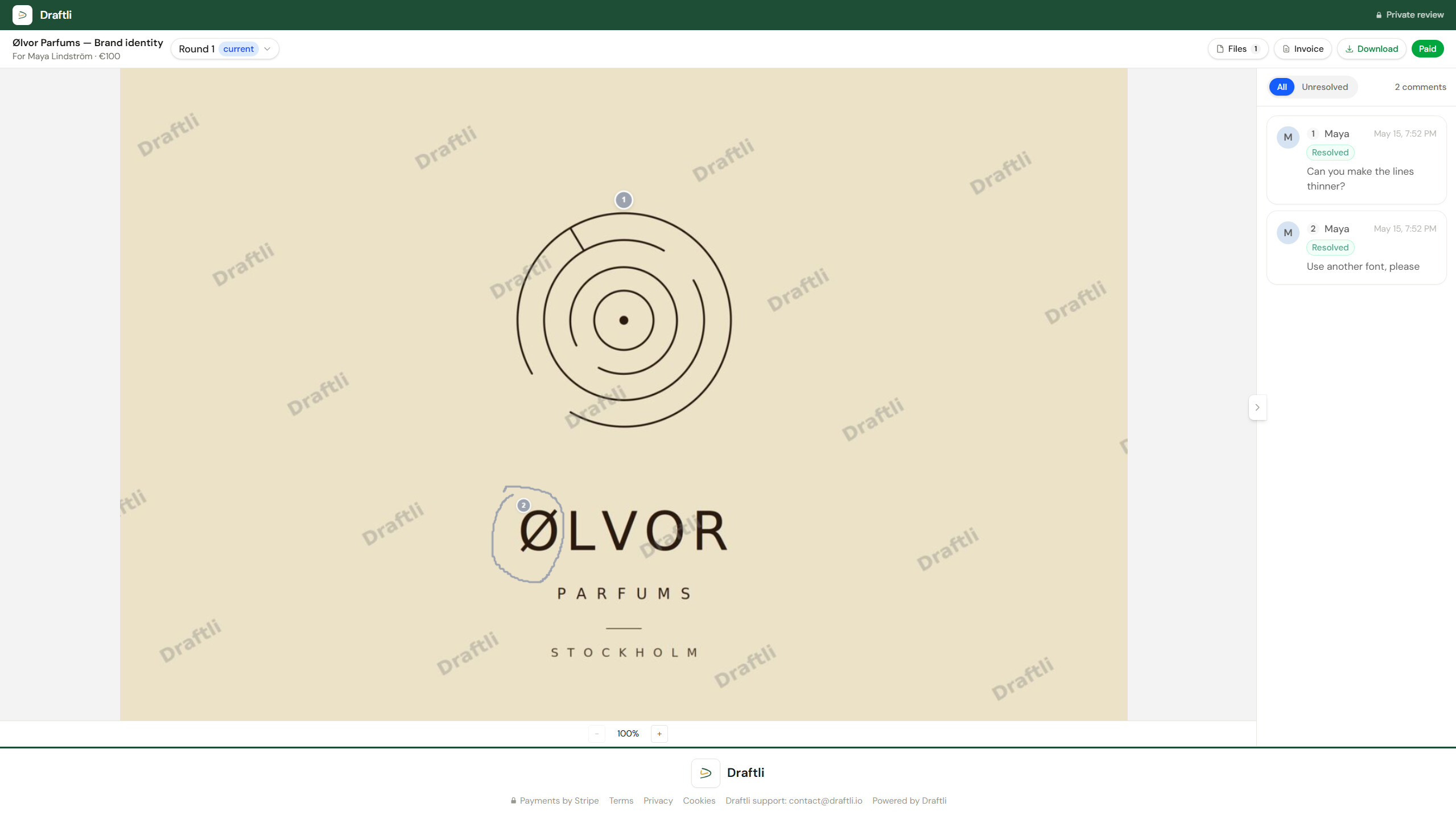 Draftli design feedback tool review page: a client's brand-identity design with two numbered annotation pins, and a comment thread showing the client's resolved feedback alongside a paid project