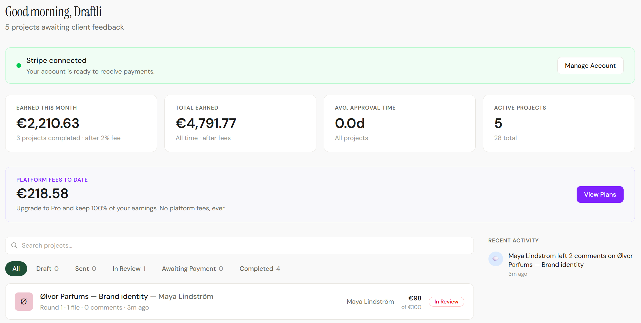 Draftli dashboard showing project status, approval tracking, and completed payment