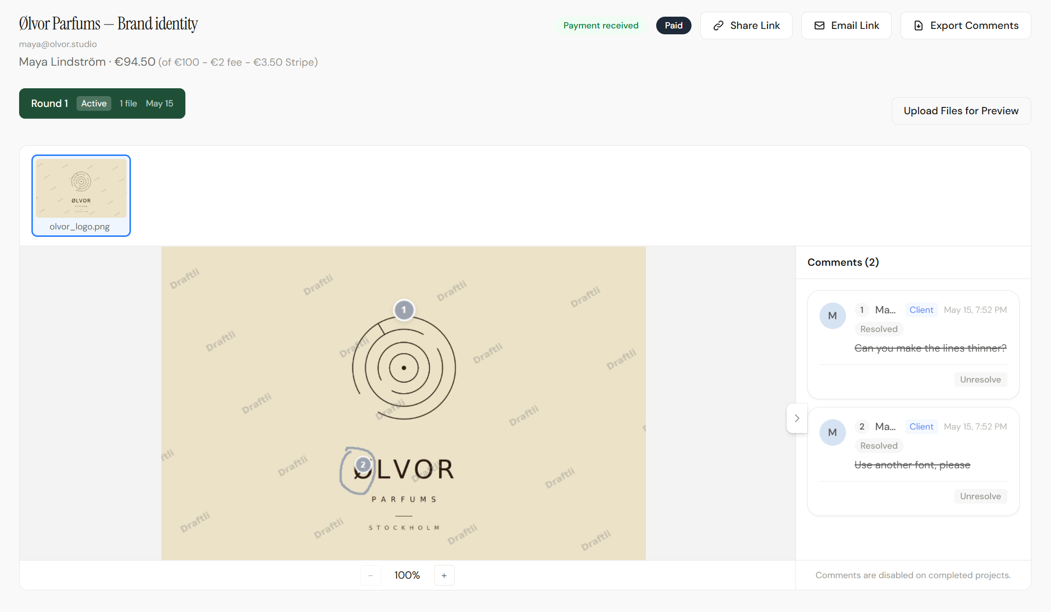 Draftli design feedback tool showing a client dropping pinned annotations and comments on a design